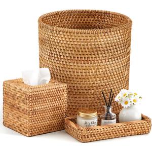 3 Pcs Rattan Bathroom Accessories Set Wicker Handwoven Trash Can Basket Waste Paper Basket Square Tissue Box Holder Toilet Vanity Tray for Kitchen Office Organizer Decorative (Natural)