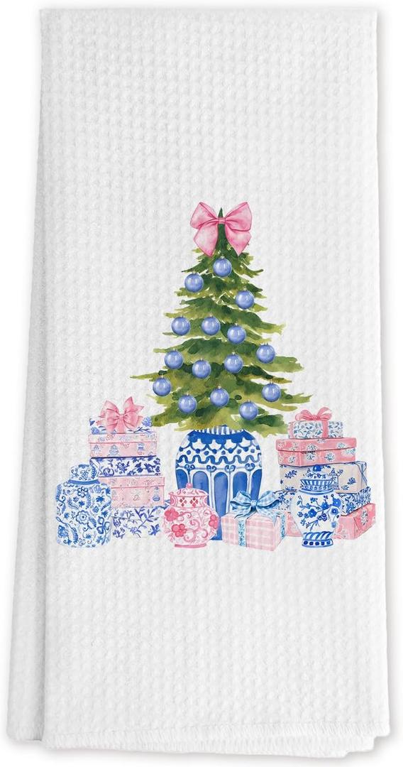 Preppy Chinoiserie Christmas Tree Kitchen Towels, Pink and Blue Xmas Tree Decorative Hand Towels for Bathroom, Grandmillennial Christmas Dish Tea Towels for Kitchen Decor, 16x24 Inch (Section 3)