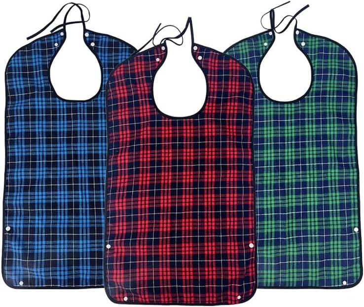 2 x Adult Bibs for Men Women Elderly Reusable Large Adult Bibs Reusable Waterproof Clothing Protector with Crumb Catcher (3pack Blue+red+grey)