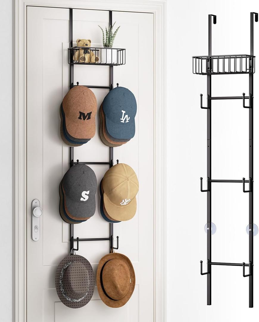 HapiRm Over Door Hat Rack - Wall Mounted Hat Organizer with 6 Hooks and Metal Basket Design, Baseball Cap Organizer Storage Holder Up to 32 Caps for Door, Bedroom, Closet (Black) (1 Pack)