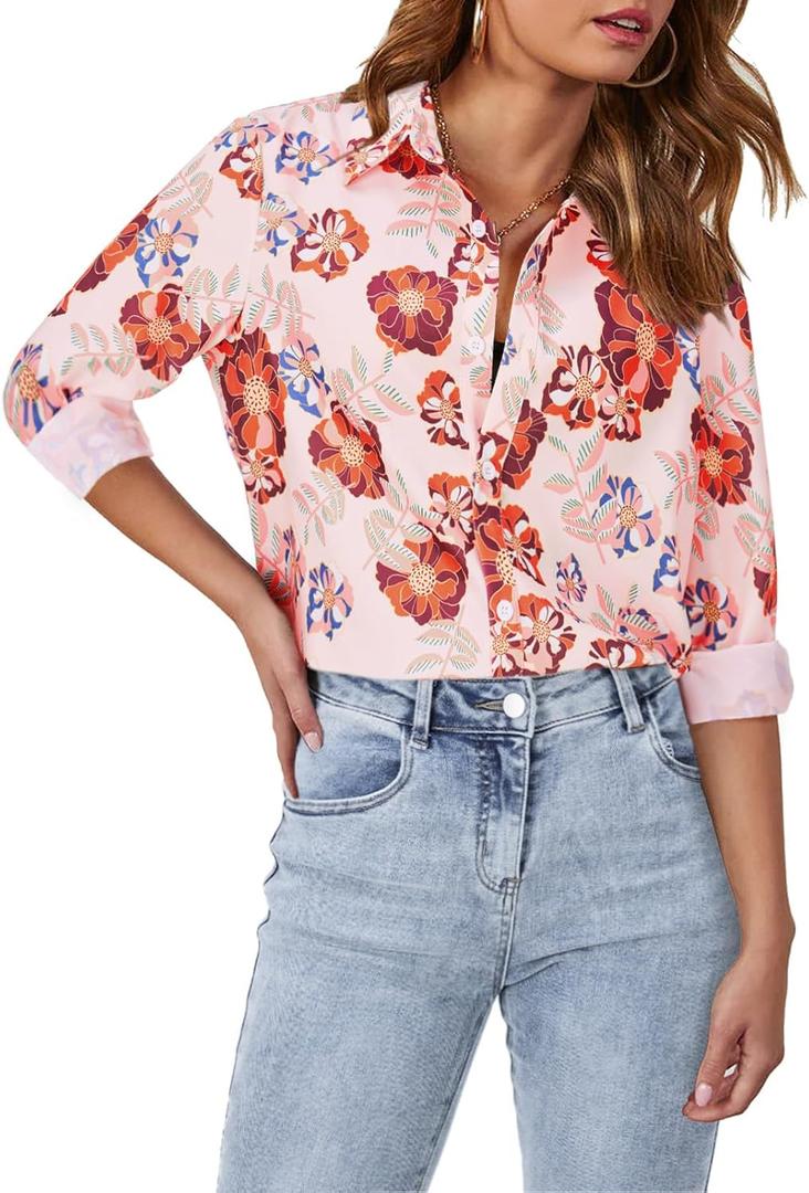 siliteelon Blouses for Women Long Sleeve Button Down Shirts Printed Wrinkle-Free Dressy Casual Blouse Spring Fall Trendy (L)