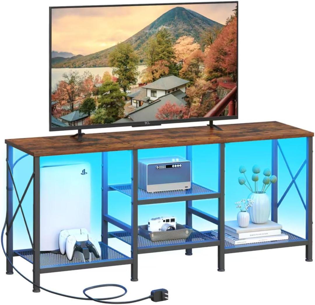 JARHETUN TV Stand with LED Lights for 55 Inch TV, Entertainment Center with 3-Tier Open Shelves, TV Console Table for Living Room, Bedroom, Rustic Brown