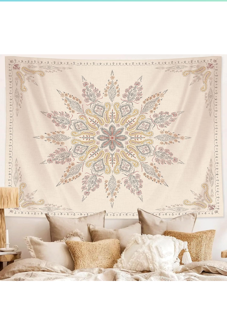 Neasow Bohemian Tapestry Wall Hanging, Beige White Floral Tapestry with Medallion Print Bedroom Boho Home Decor, WhiteSimple, Small 50×60 inches