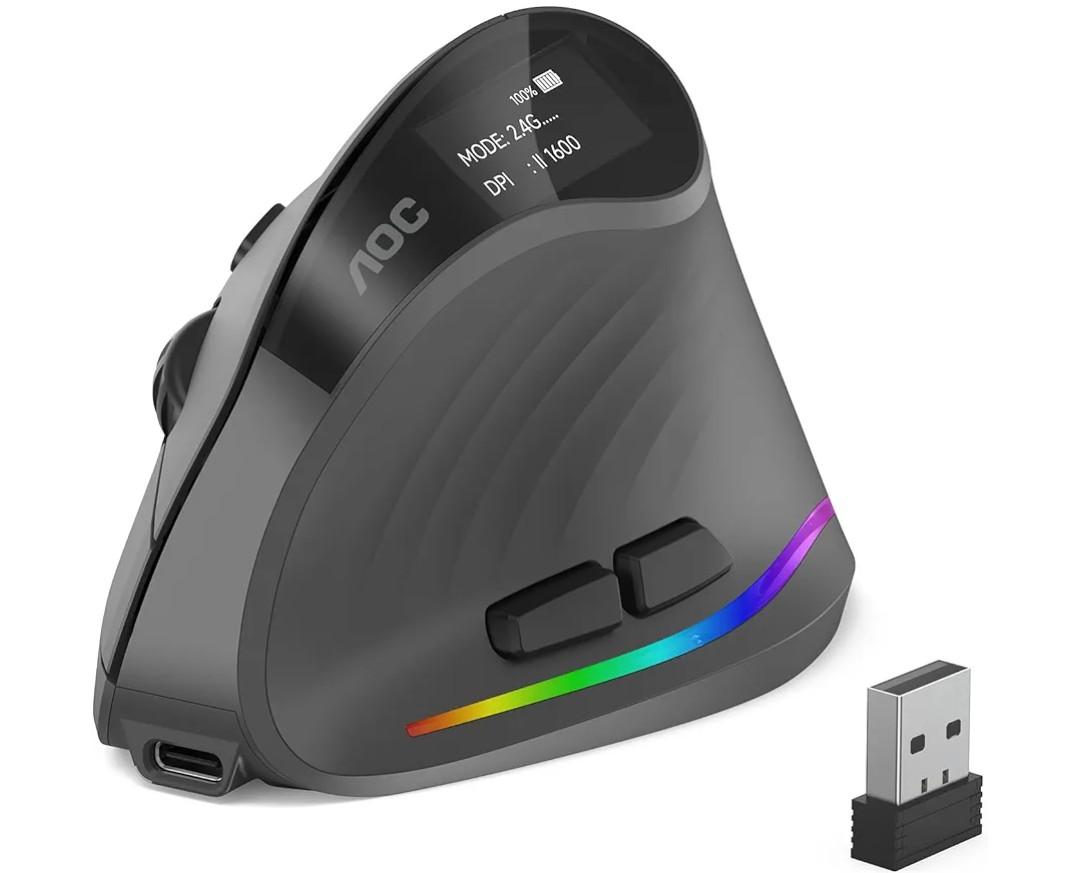 AOC 2.4GHz Ergonomic Mouse, Wireless Bluetooth Vertical Mouse for Work, 4800 DPI Optical Tracking, 5 Adjustable DPI, Quiet Clicks, RGB Light, Compatible with Computer, Laptop, PC, Mac, Desktop - Gray