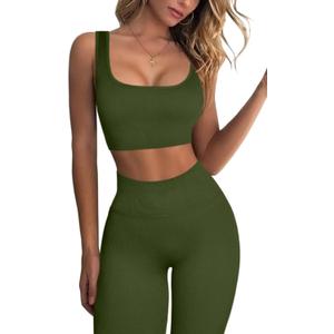 FAFOFA Ribbed Workout Outfits for Women 2 Piece Seamless Sport Bra High Waist Yoga Leggings Sets (Small, Army Green)