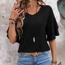 Womens Blouses Ruffle Sleeve Top V Neck Shirts Casual Outfit Bell Sleeve Cute Tee Spring Fall Summer Fashion Clothes (Black, M)