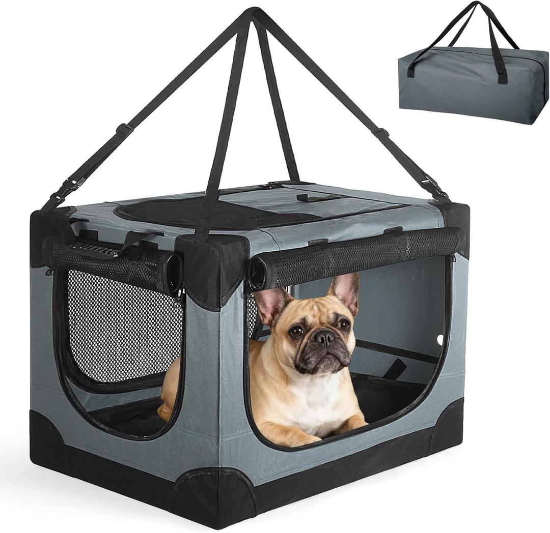Soft Small Dog Crate - 24 inch Portable Travel Puppy Crate for Small Pets or 2 Cats, Collapsible Pet Carrier with 4 Mesh Doors, Car Kennel for Dogs with Handle for Indoor and Outdoor, Grey