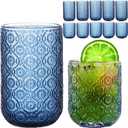 FERAHI Blue Drinking Glasses Set of 12, 12 Oz Highball & 10 Oz Cocktail Glasses, Blue Kitchen Vintage Glassware Set, Floral Embossed Glass Tumbler Cups for Water, Beer, Juice, Whiskey, Coffee