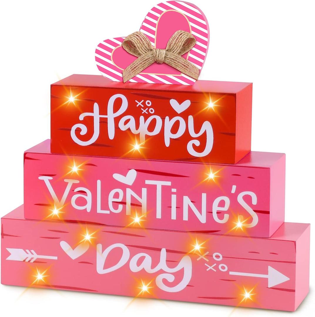 Valentines Day Decor Wooden Sign with LED Lights, Happy Valentines Day Light Up Wood Sign for Table Mantle, Valentines Gifts Battery Operated Valentine Decorations Farmhouse Home Tiered Tray Decor