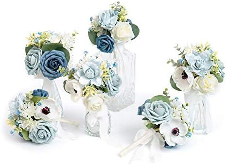 Ling's moment Dusty Blue Wedding Table Centerpieces Mini Bridesmaid Bouquets Set of 6 Light Blue Rose Bouquets Pre-Made Floral Wedding Centerpieces for Reception Decor (Dusty Blue)