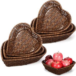 6 Pcs Heart Shaped Woven Basket Wicker Bread Basket 3 Size Handmade Rattan Storage Serving Tray for Snack Candy Fruit Vegetable Cosmetic Bakery Desktop Kitchen Office Mother's Day
