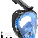Snorkeling Gear for Adults, Full Face Snorkel Mask, Scuba Diving Mask with Detachable Camera Mount, 180 Degree Panoramic View Anti-Leak Anti-Fog (Small-Medium, Blue)
