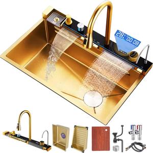 Kitchen sink double waterfall sink with LED display with cup washer, soap dispenser, waterfall mixer, worktop controller, etc. workstation kitchen sink (Gold, 35.4 * 19.7 * 8.7 IN)