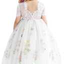 Flower Girl Lace Back V-Neck Dress Full-Length Floral Embroidered Toddler Tutu Tulle Dresses for Girls (3-4T, White)