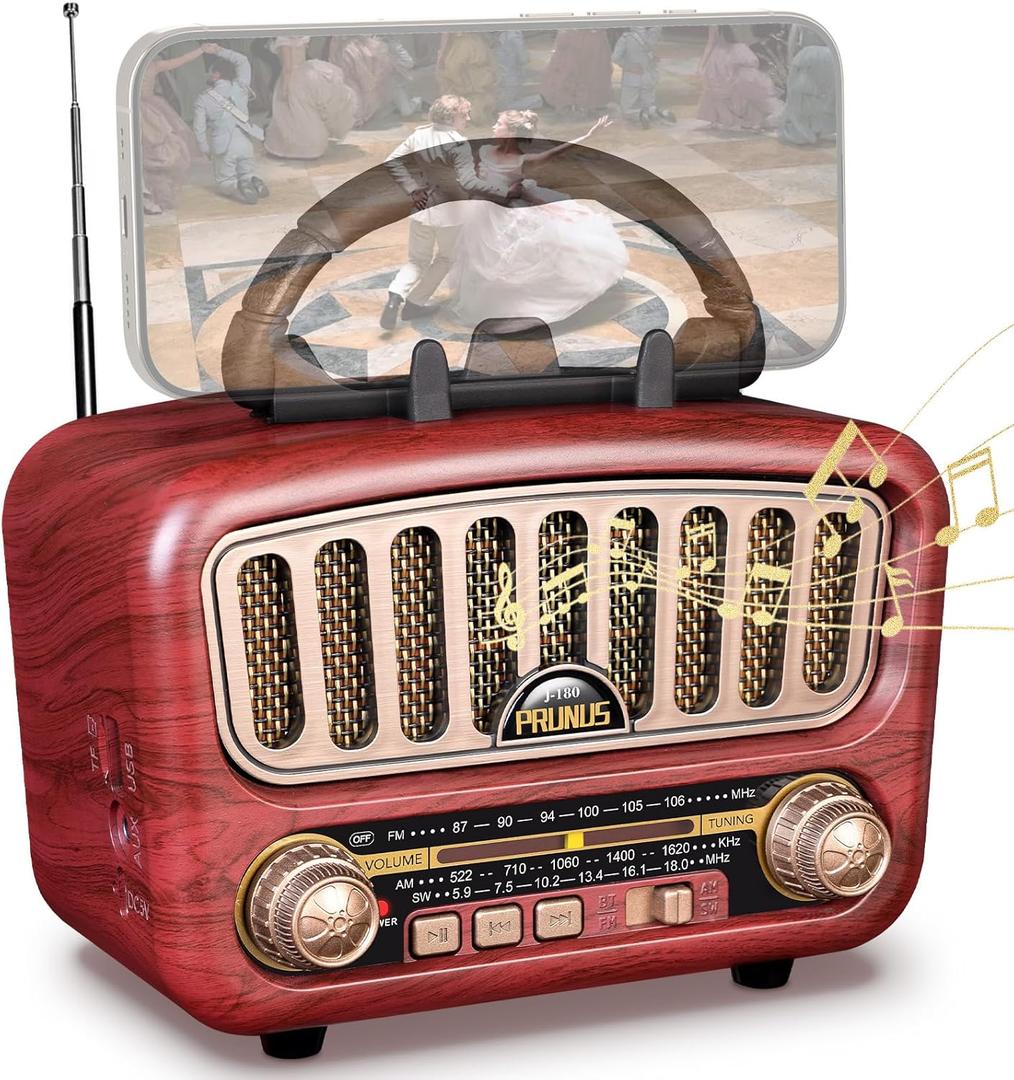 PRUNUS J-180 Vintage Retro Radio Bluetooth Speaker with Stereo Sound, AM FM Radio Portable with Loud Volume, BT5.0, TF Card & MP3 Player, Rechargeable Speaker