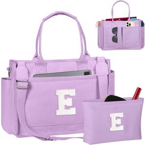 Freesya Valentines Day Gifts for Her, Initial Tote Bag with Makeup Bag, Teen Girl Gifts Trendy Stuff, Birthday Gift for Women (Lavender)