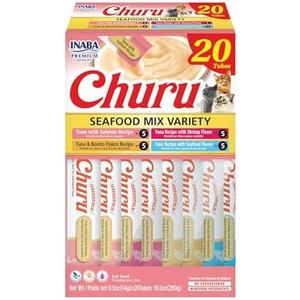 INABA Churu Cat Treats, Grain-Free, Lickable, Squeezable Creamy Purée Cat Treat/Topper with Vitamin E & Taurine, 0.5 Ounces Each Tube, 20 Tubes, Seafood Variety Box BEST USED BY: 10/13/2025