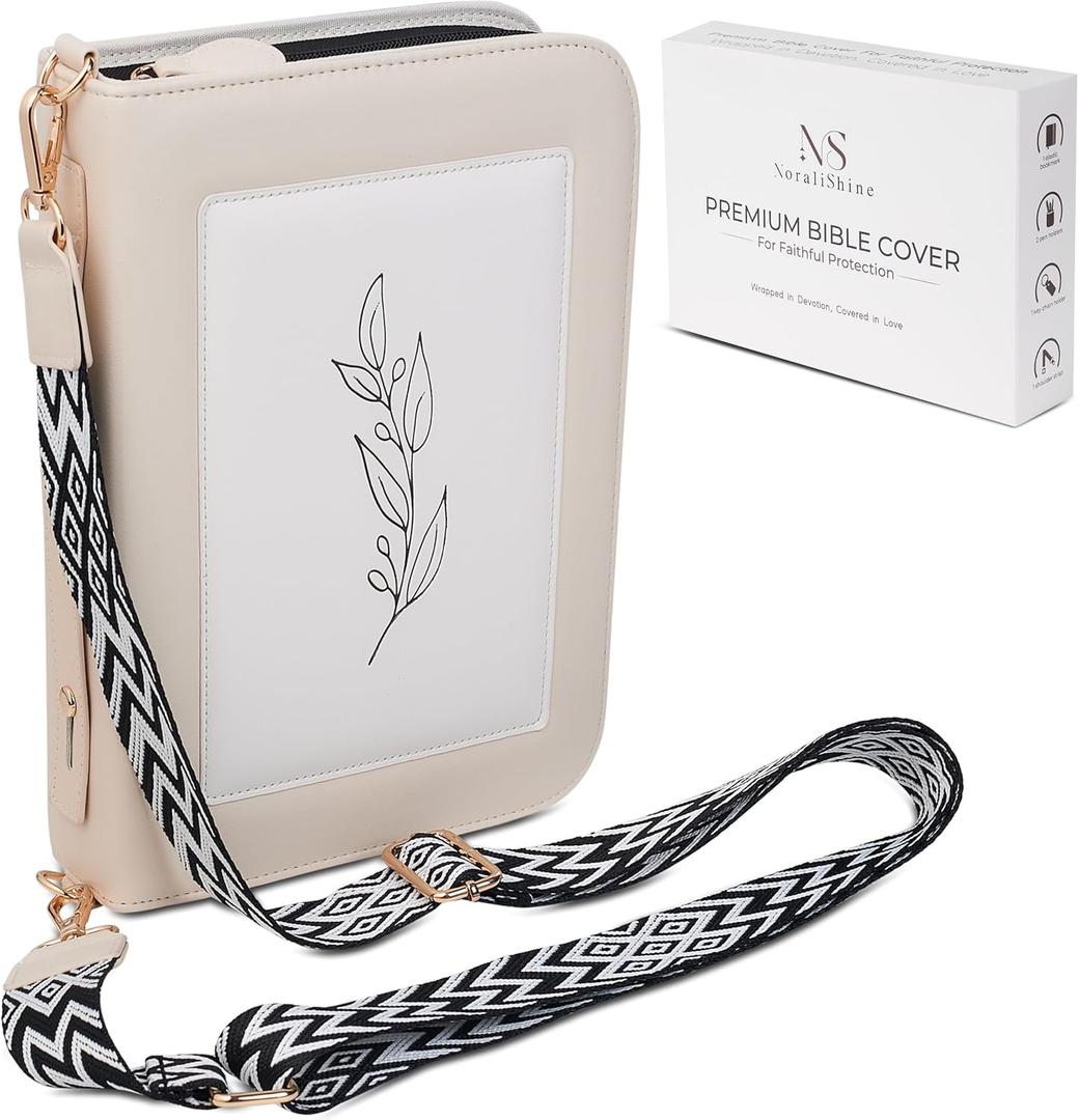Regular Bible Cover Case for Bibles UP to 9.5"X6.7"X2.3", Bible Cases for Woman, PU Leather Bible Covers for Women w/Shoulder Strap, Zipper Closure, Ideal for Christian Art Gifts Bible Cover, Cream