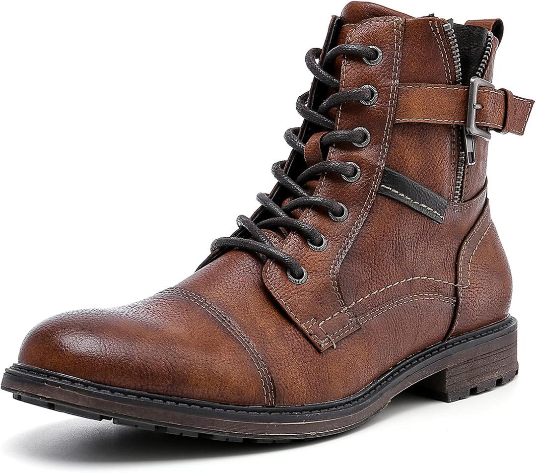 AMAPO Men Oxford Boots, Buckle Dress Boot, Casual Men Boots Lace-Up Side Zipper (14, Brown20707)