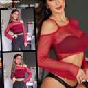 Avidlove Mesh Crop Tops for Women Long Sleeve Fishnet Shirt See Through Tops Rave Outfits Party Clubwear (Red, XL)