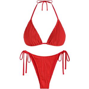 ZAFUL Textured Halter Bikini for Women 2 Piece Triangle Bikini Sets Sexy High Cut Bathing Suit Side Tie Swimsuits (Large, 0-wave-red)