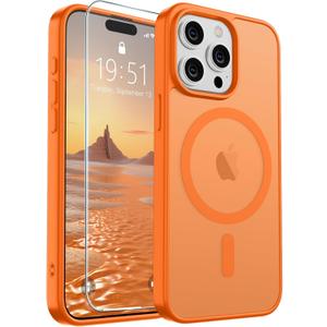 SUPFINE Magnetic for iPhone 15 Pro Case with Screen Protector (Compatible with MagSafe) (Military Grade Drop Protection) Translucent Matte Shockproof Phone Cover,Starry Orange