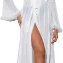 OYOANGLE Women's Ruffle Trim Long Sleeve Belted Sheer Mesh Wedding Bride Robe Nightgown (Large, White)