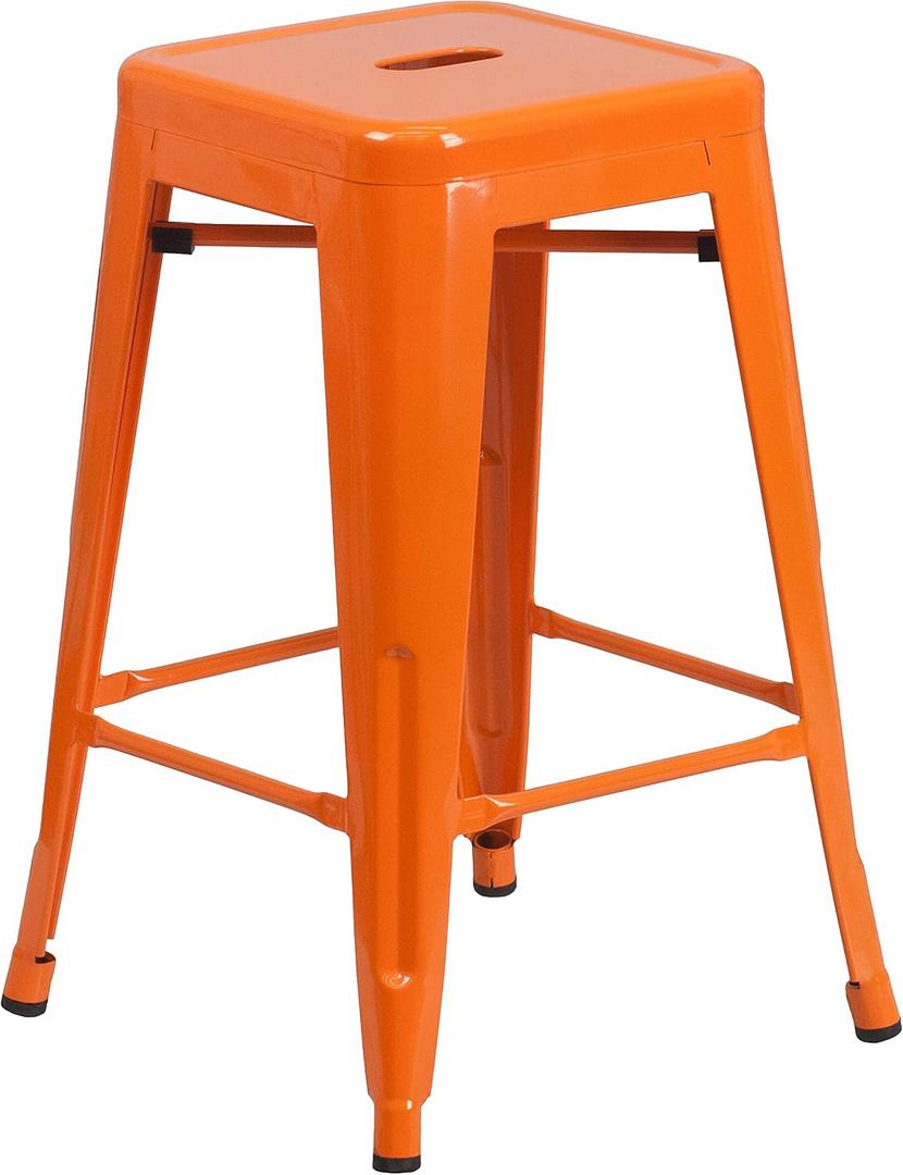 Flash Furniture Kai Commercial Grade 24" High Backless Orange Metal Indoor-Outdoor Counter Height Stool with Square Seat, Pack of 1