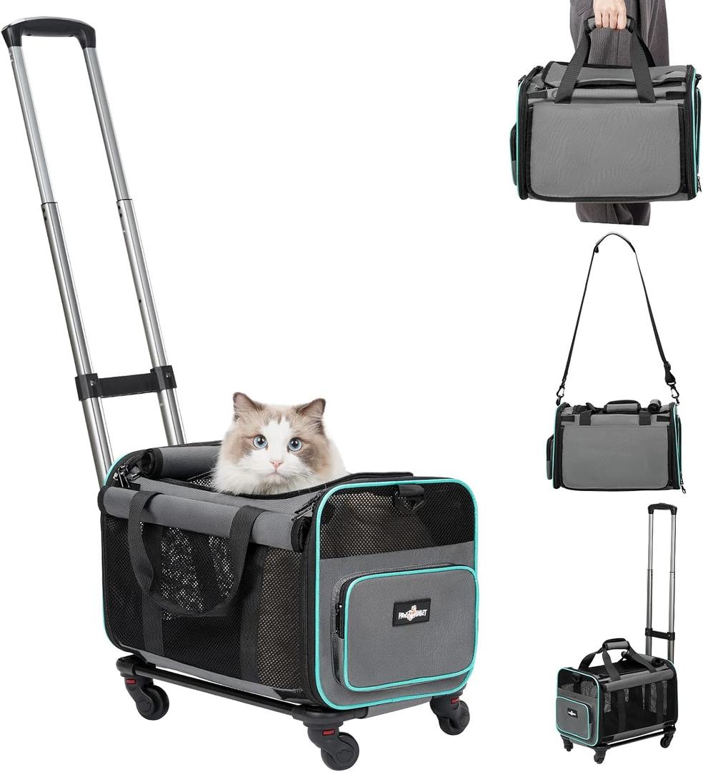 Pet Carrier with Wheels, Durable Airline Approved Cat Crate, Foldable Rolling Dog Carrier, Rolling Bag for Cat &Dog, Use for Travel, Outdoor, Vet Visits, Camping, Indoor.