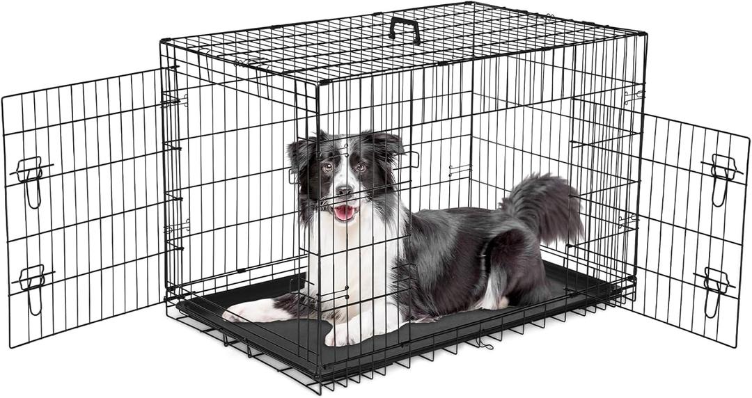 Sweetcrispy 42 Inch Dog Crate, Medium Large Crates Double Door Folding Metal Wire Dog Cage with Plastic Leak-Proof Pan Tray, Pet Kennel for Indoor, Outdoor, Travel (42.5"L x 26.8"W x 29.1"H)