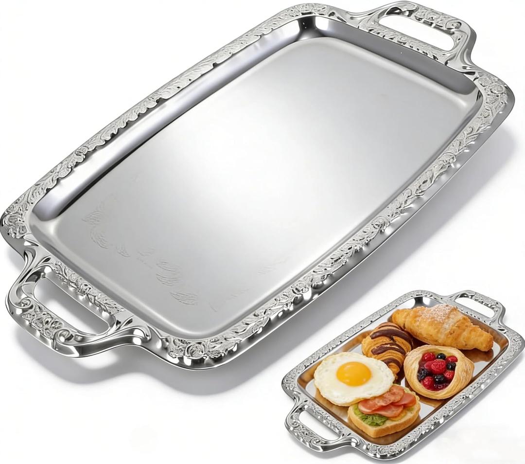Silver Serving Tray,Rectangular Vintage Metal Tray with Handle for Whiskey Cookies, Charcuterie Snacks Desserts Fruit Party Food Display