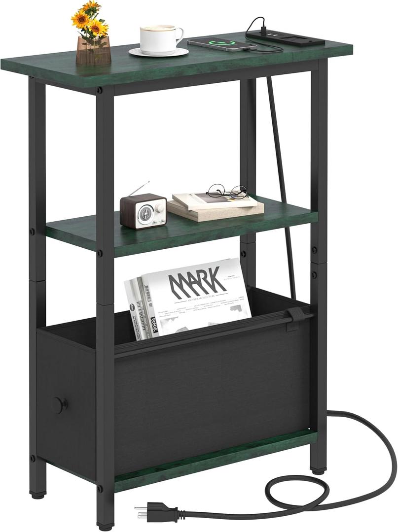 Narrow Side Table with Charging Station, Skinny End Table for Small Spaces, Thin Sofa Side Table with 1 Fabric Drawer, Slim Nightstand for Living Room, Bedroom, Green and Black