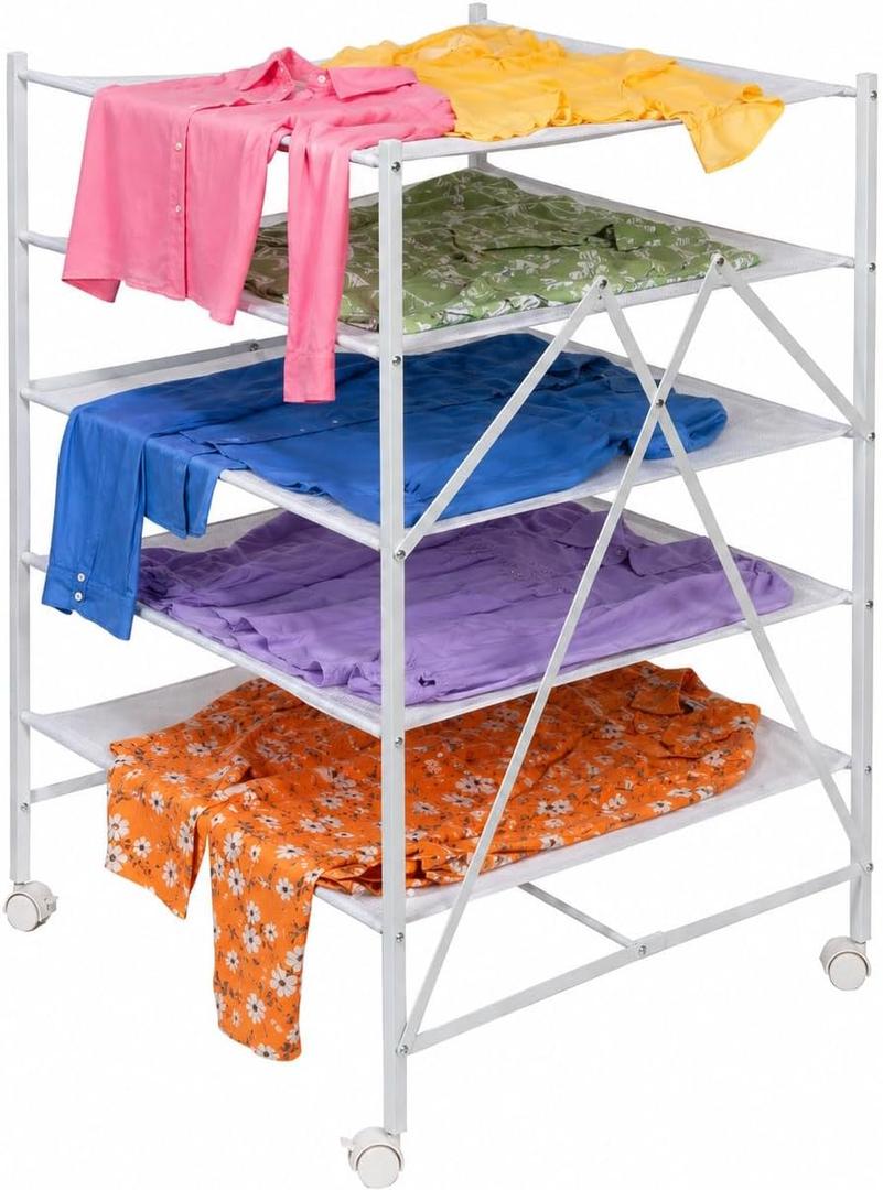 Honey-Can-Do 5-Tier Mesh Laundry Drying Rack with Wheels, Soft Nylon Flat Drying for Sweaters Delicates, Foldable Rolling Clothes Rack, 43 Linear Feet, Holds 30 lbs, White, 40 lbs
