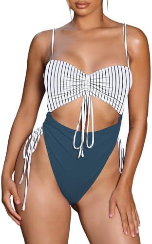 Viottiset Women's Cut Out Drawstring One Piece Swimsuit Cheeky High Cut Bathing Suit, Size Large