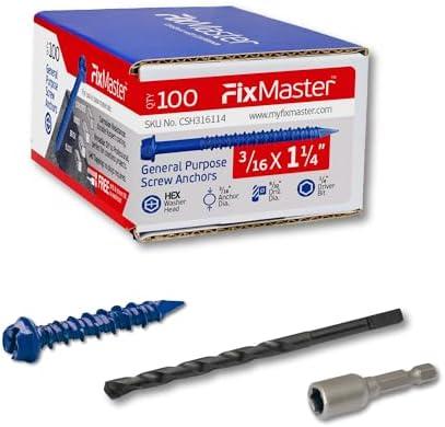 FixMaster 3/16 x 1-1/4" Hex Head Blue Concrete Screw Anchors (80 pcs Screw Kit) with one Screwdriver and Drill Bit for Concrete, Masonry, Block, Brick and Wood Fastening FixMaster 3/16 x 1-1/4" Hex Head Blue Concrete Screw Anchors (80 pcs Screw Kit) with one Screwdriver and Drill Bit for Concrete, Masonry, Block, Brick and Wood Fastening