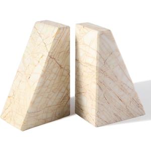 Marble BookendsNatural Decorative Bookend for Shelves, Non-Skid Book End for Heavy Books, Idea Book Stoppers & Holder for Desk Bookshelf Decor, Modern Home Decor Cream Color Book Ends, Set of 2