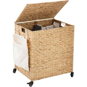 Laundry Hamper with Wheels, 40.92 Gallon(155L) Water Hyacinth Laundry Basket with Lid, 2-Section Wicker Clothes Hamper with 2 Removable Liners, Laundry Sorter with Side Pocket, Natural, 23.62"L x 15.75"W x 25.6"H