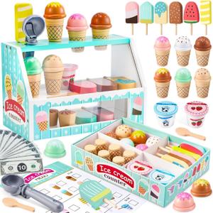 WHOHOLL Wooden Ice Cream Counter Playset for Toddler Girl Toys, Play Store Pretend Toy Food Play Kitchen Accessories with Fake Money & Coin, Christmas Birthday Gifts for 3+ Year Old Kids (Green)