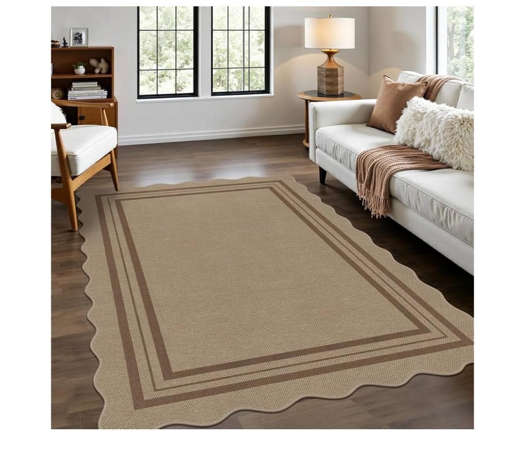 Modern Easy Jute 5x3 Outdoor Patio Rug, Washable Indoor Brown Kitchen Rugs Farmhouse Neutral Non Slip Area Rug for Living Room Backyard Bedroom, Brown Geometric