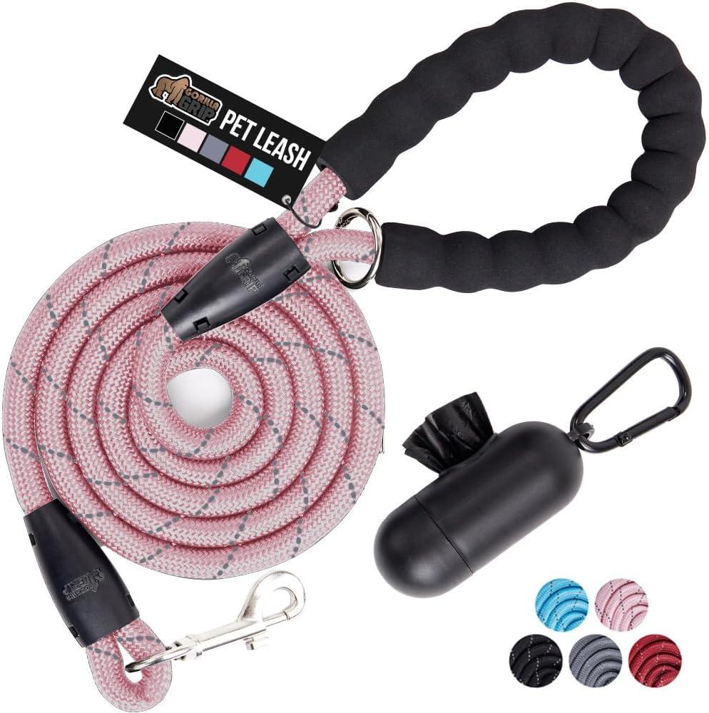 GORILLA GRIP Dog Leash, Heavy Duty Reflective Rope Leashes for Large, Medium, Small Breed Dogs, Puppy Training Essential for Walks, Hikes, Soft Handle, Rotating Metal Clip, Waste Bag Dispenser, Pink (5 Feet x 1/3 Inch)