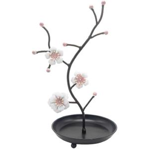 White & Pink Orchid Blooms Jewelry Display Stand | Faux Crystal Dcor Black Tray | Tree Tower Rack Hanging Organizer for Rings Earrings Necklaces Bracelets | Holder Organizer Storage
