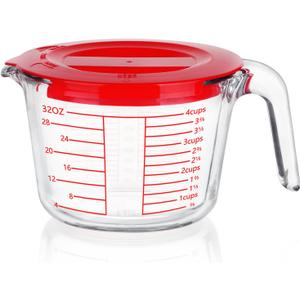 Glass Measuring Cup, 4-Cup Glass Measuring Cups with Lids, Measuring Jugs with Handle Liquid Measuring Cups For Prepping, Baking and Cooking, Dishwasher, Freezer and Microwave Safe