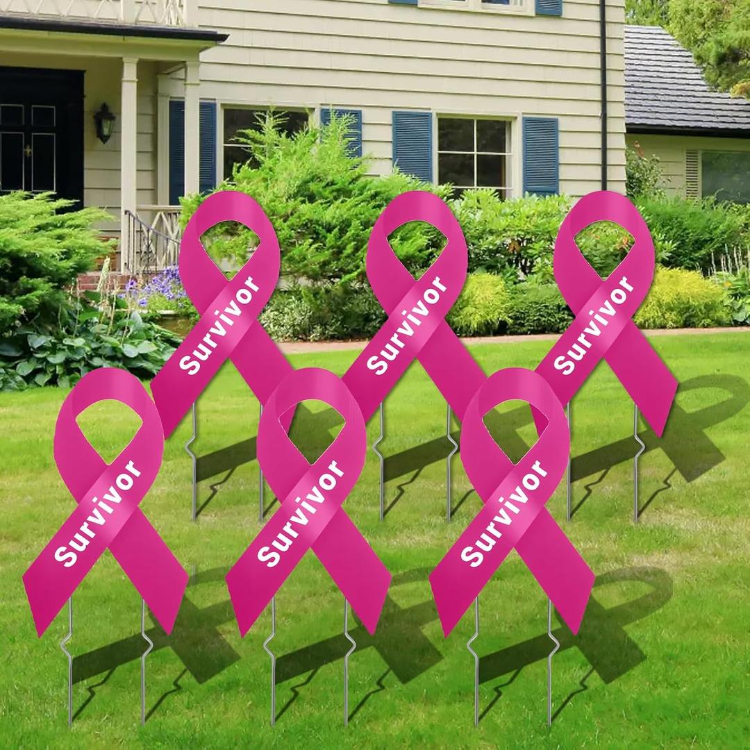 6PCS Breast Cancer Awareness Yard Signs Double-sided Pink Ribbon Survivor Yard Decorations with Metal Stakes Waterproof Outdoor Lawn Sign for Support Party Fundraising Charity Event Supplies
