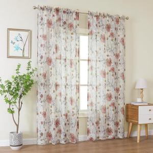 OWENIE Crushed Sheer Curtains 96 Inch Length 2 Panels Set, Sheer Floral Curtains Printed Drapes on Sheers for Living Room, Rod Pocket Light Filtering Window Sheers 42" W x 96" L (42"W x 96"L (Pack of 2), Multi Color)