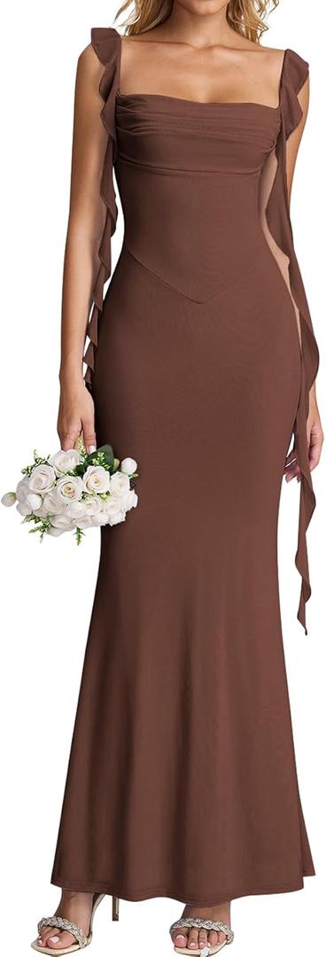 KUTUMAI Elegant Long Formal Wedding Guest Dresses for Women 2026 Ruffle Bodycon Cocktail Party Maxi Dress (Large, Brown)