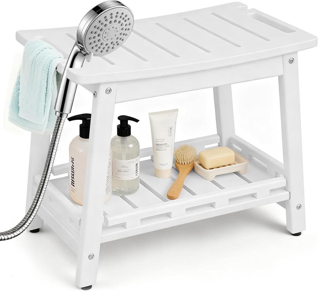 Large HDPE Shower Bench Seat for Shaving Legs, Waterproof Shower Stool with Storage Shelf for Bathroom, White