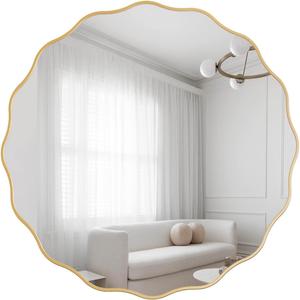 Gold Scalloped Circle Mirror 24" Wavy Edge Round Wall Mirror for Bathroom Modern Hanging Leaning Wood Frame Vanity Mirror Decorative for Bedroom Living Room Entryway