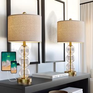 24'' Glass Table Lamps Set of 2 for Bedroom Living Room,Gold Glass Bedside Lamps for Nightstands with USB Ports and AC Outlets(Bulbs not Included)
