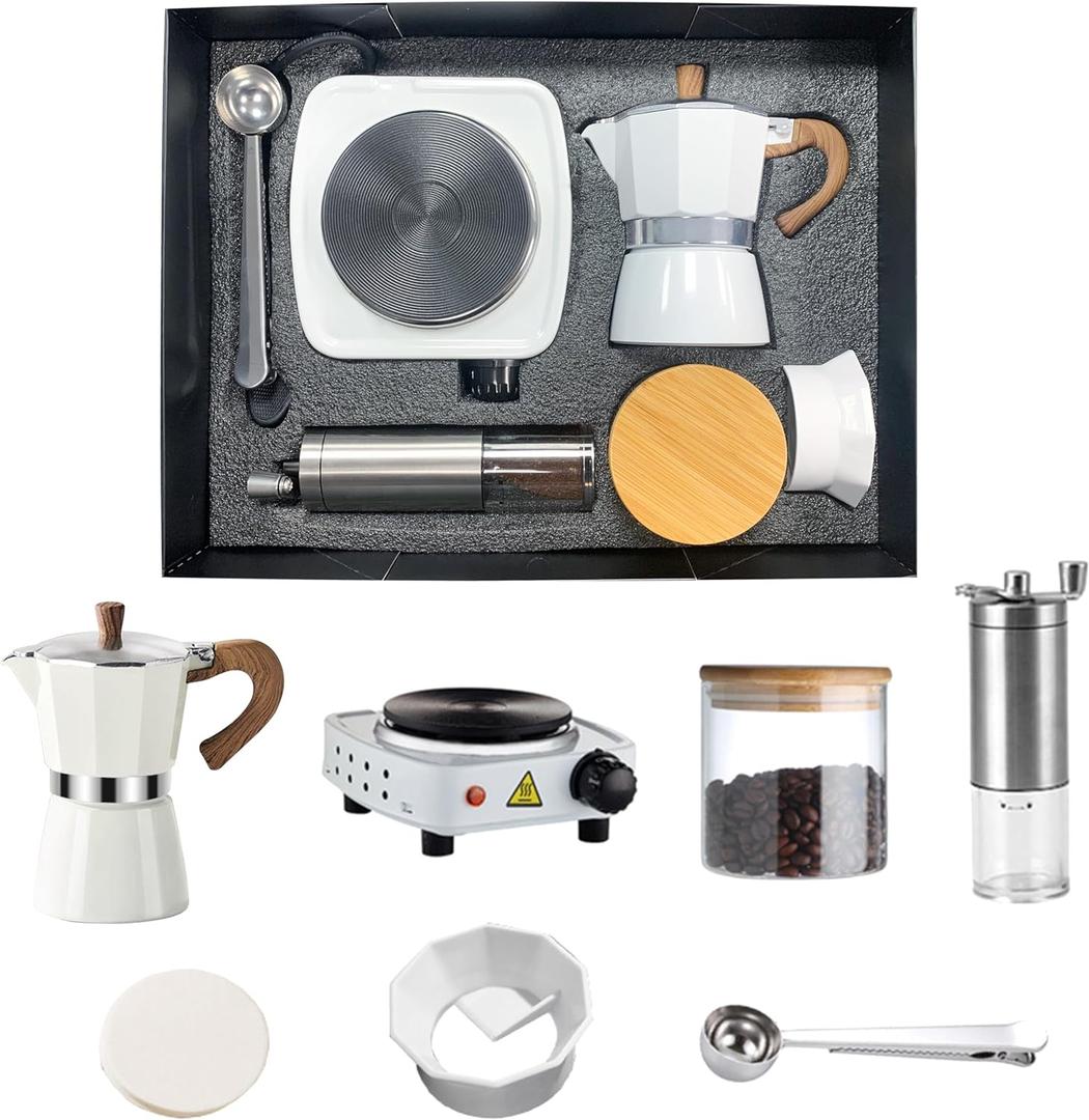 KAIREDDIS 7-in-1 Moka Pot Espresso Set, Italian Classic Stovetop Coffee Maker with Hand Grinder, Electric Stove, Spoon, Sealing Canister, Suitable for Holiday Gifts, Travel, Family Gatherings, White