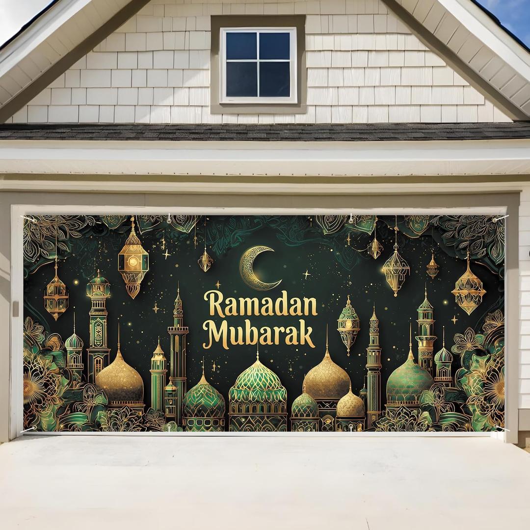 ANNA QUEEN Ramadan Mubarak Garage Door Banner 6x13FT, Islamic Mosque Moon Lantern Garage Door Cover, Large Outdoor Eid Ramadan Decoration Backdrop for Double Garage Doors, Home, Fence, Wall & Party Photo Booth (247)